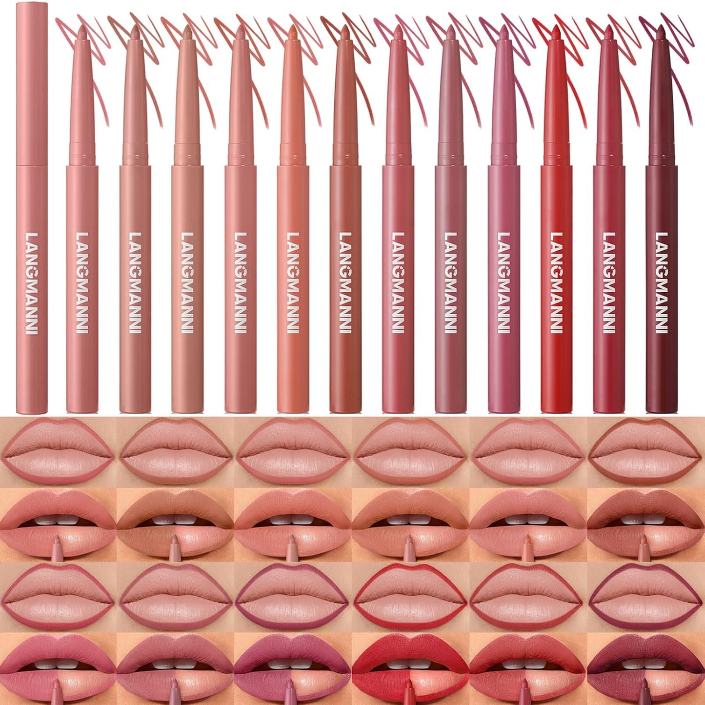 LANGMANNI 12-Color Matte Velvet Lip Liner Set | Smooth, Waterproof & Highly Pigmented for Daily Makeup
