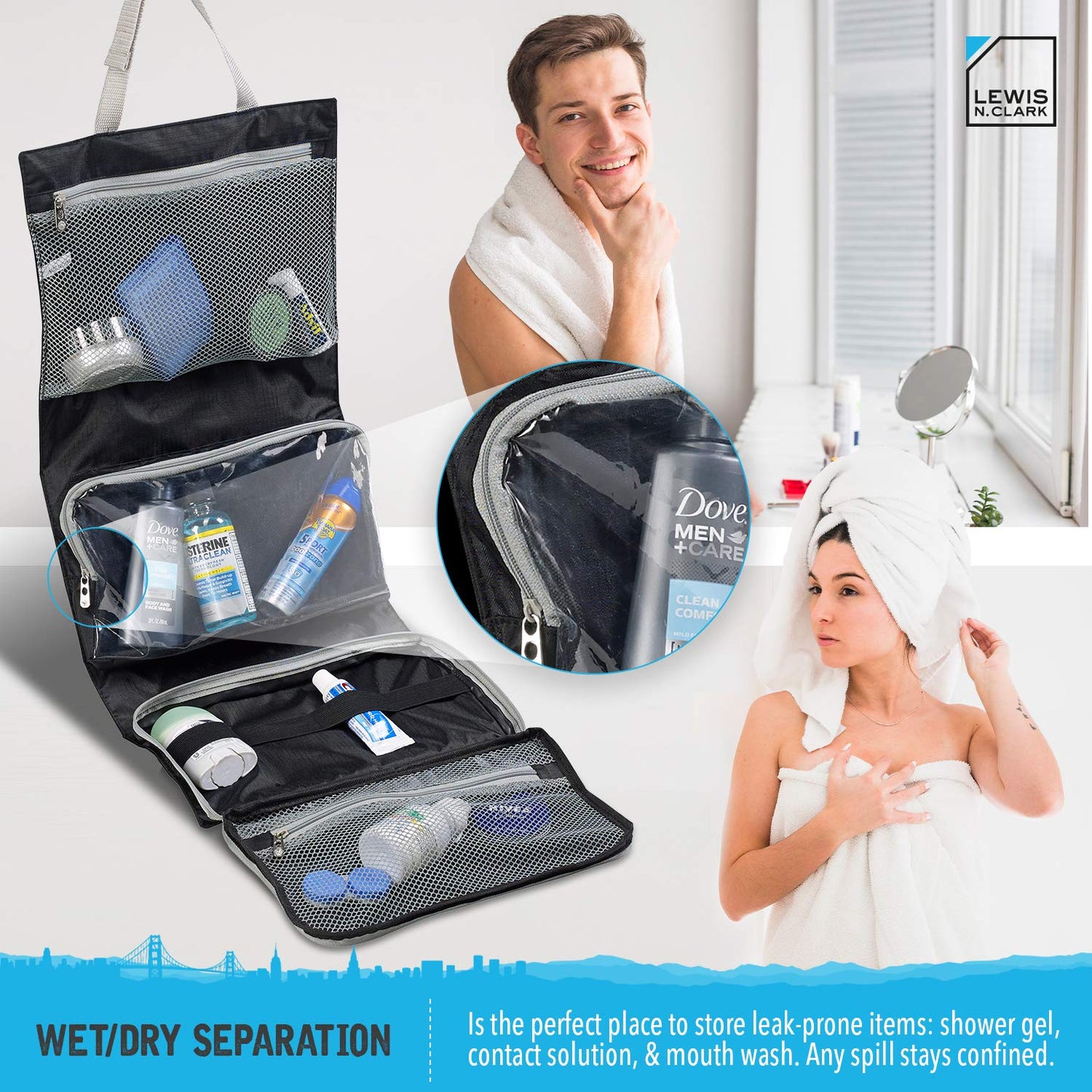 Lewis N. Clark Hanging Toiletry Bag for Travel Accessories, Shampoo, Cosmetics + Personal Items with Waterproof Compartment and Folding Design, Black