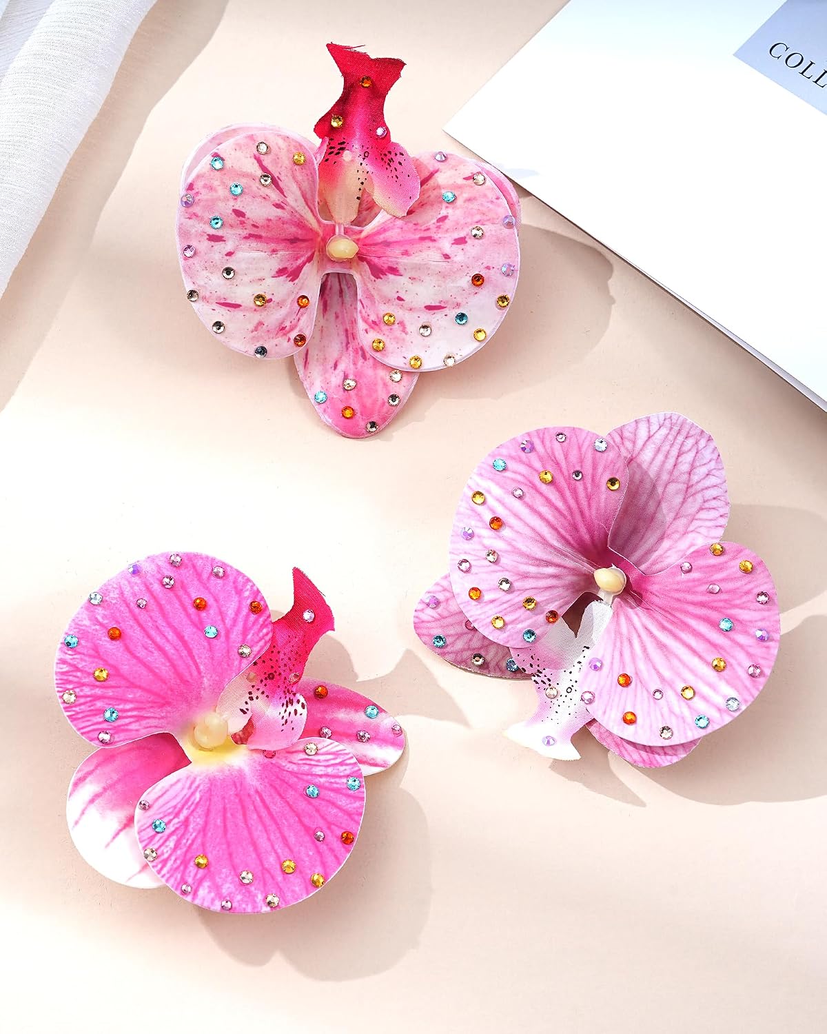 Hawaiian Flower Hair Clips - 3 Pack Tropical Orchid Hairpins | Rhinestone Bridal Accessories (Pink Moth Orchid)