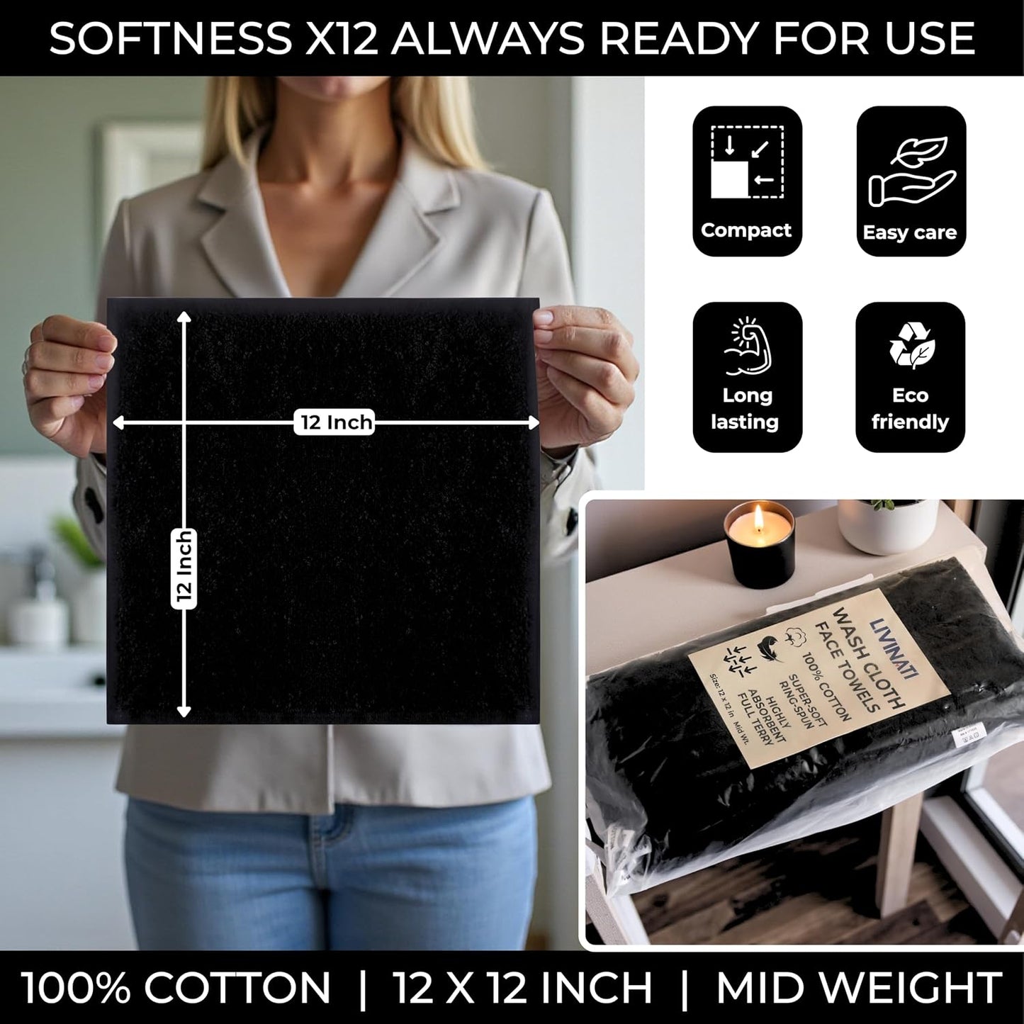 100% Cotton Wash Cloths - Soft Absorbent Shower and Face Towels | 12 Pack, 12" x 12" for Adults & Kids