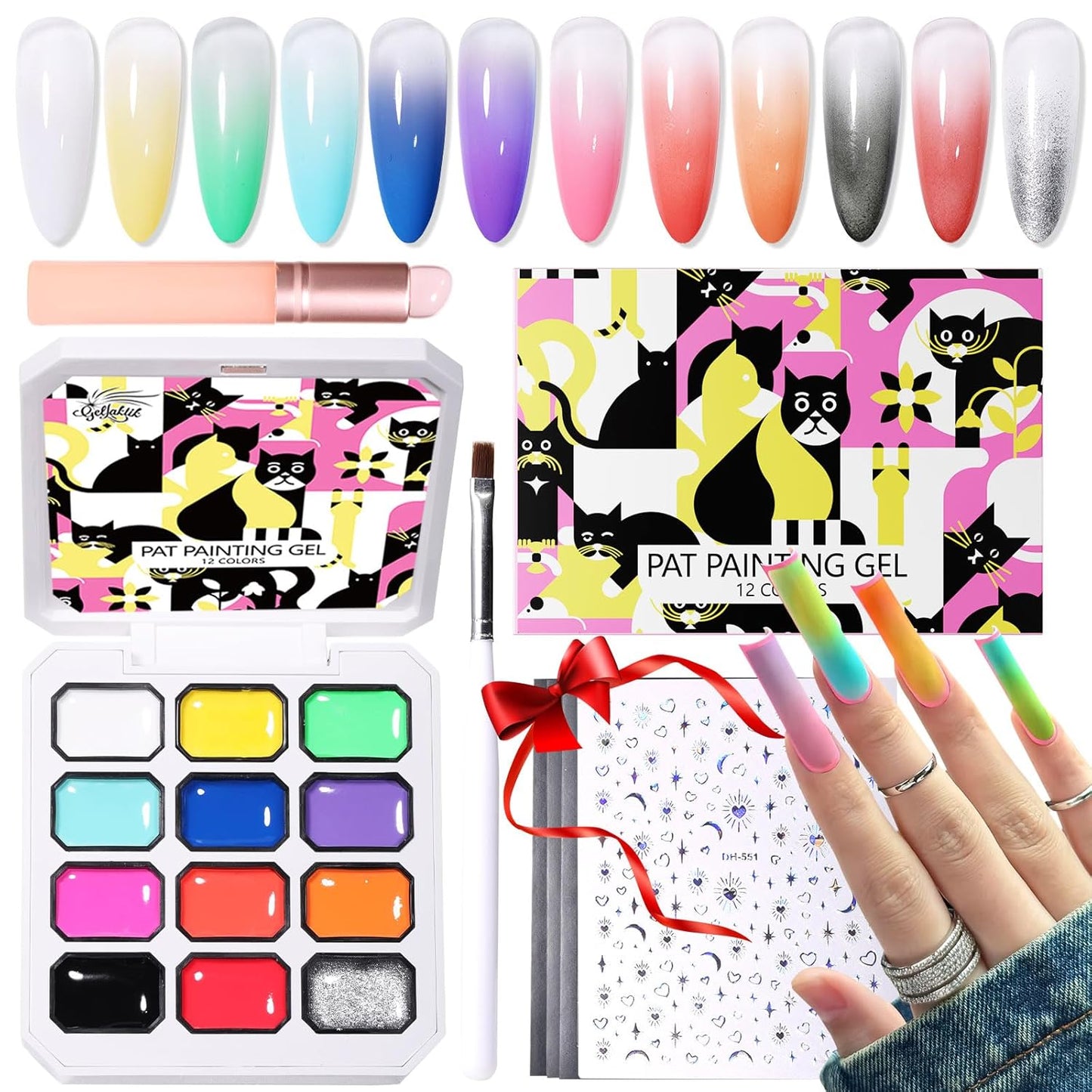 Patting Nail Gel Polish Kit - 12 Color Ombre Painting Gel Palette with Brush & Stickers | UV/LED Curing, DIY Manicure Set