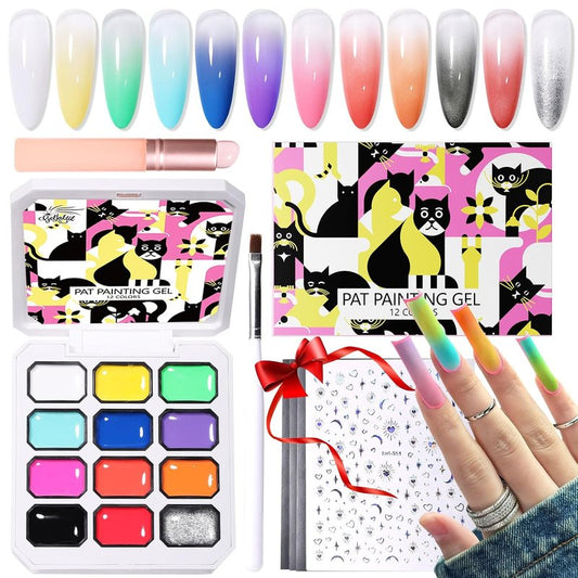 Ombre Nail Gel Polish Kit - 12 Color Patting Palette with Brush & Stickers | UV/LED Curing for DIY Manicure