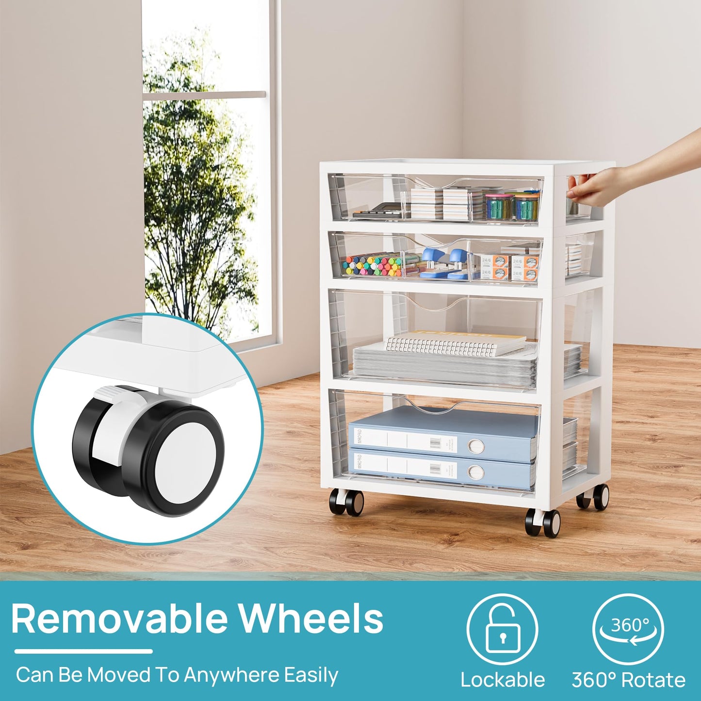 Vtopmart Plastic Drawer Storage Rolling Cart with Wheels, 4-Tier Drawer Organizer for Art Crafts Supplies, Home Office Supplies, Toys, Under Desk Storage for Office, Craft Room, Bedroom, Classroom