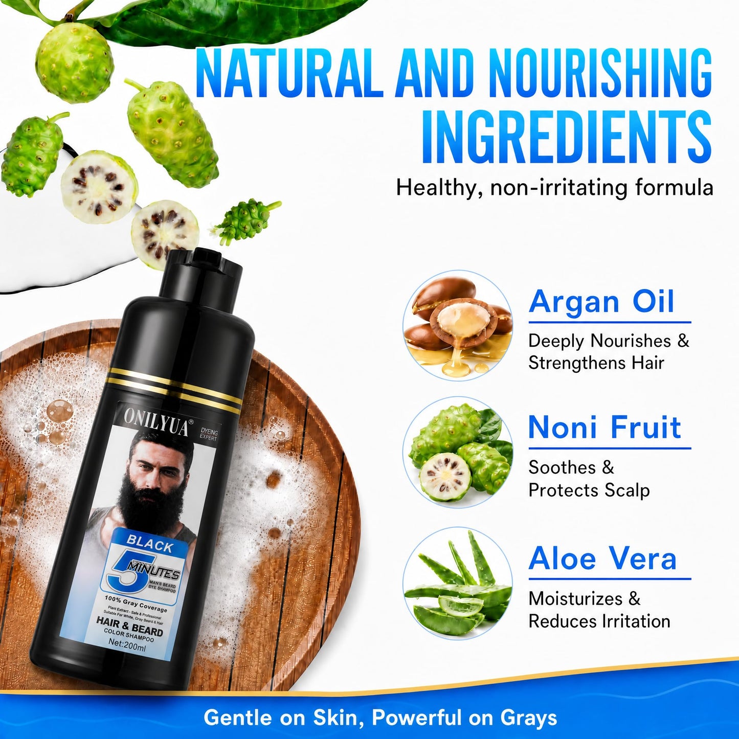 Men's Black Beard and Hair Dye Shampoo 3 in 1 - Long-Lasting Herbal Coloring for Gray Hair, Mustache & Beard in Minutes, 6.76 Fl Oz