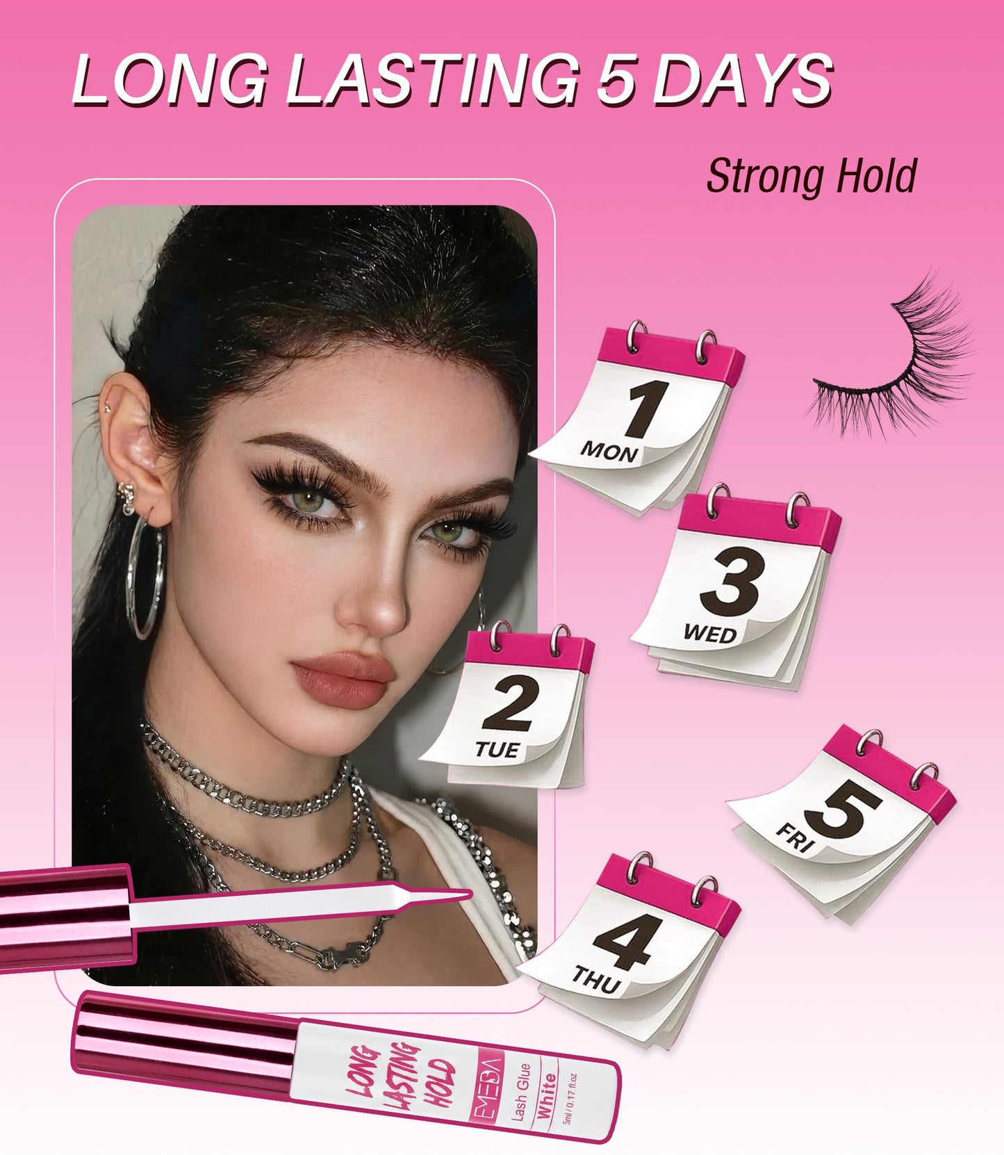 EMEDA 5 Day Strong Hold Lash Glue, Hypoallergenic Waterproof Eyelash Adhesive for Strip Lashes & Lash Clusters, Quick Dry Gentle Formula, Long Lasting Lash Glue with Precision Brush Applicator (White)