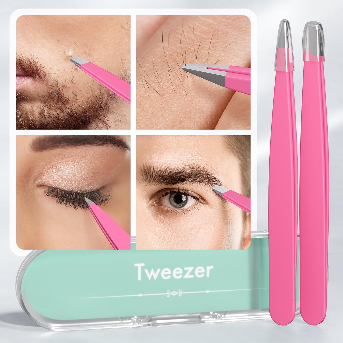 EZ2LIVE Tweezers for Women Facial Hair, Slant & Pointed Tweezers for Eyebrows, Ingrown Hair, Splinter Removal, 2 Pack Tweezer Set, Professional Stainless Steel Eyebrow Tweezers for Men and Women, Pink