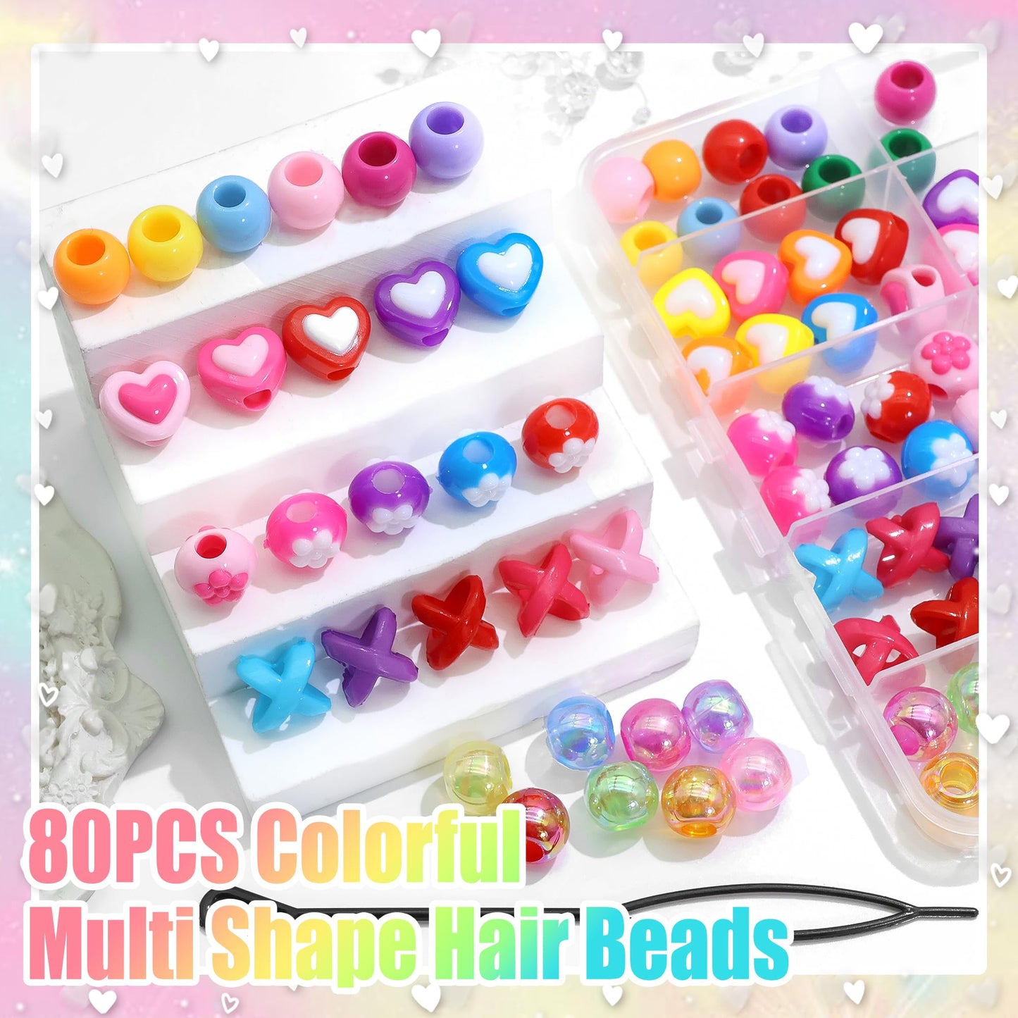 NAISKA 80PCS Colorful Braids Beads Cute Heart Flower Beads for Hair Braids Kids Random Pony Bead Set Acrylic Loc Dreadlock Jewelry Accessories for Girls