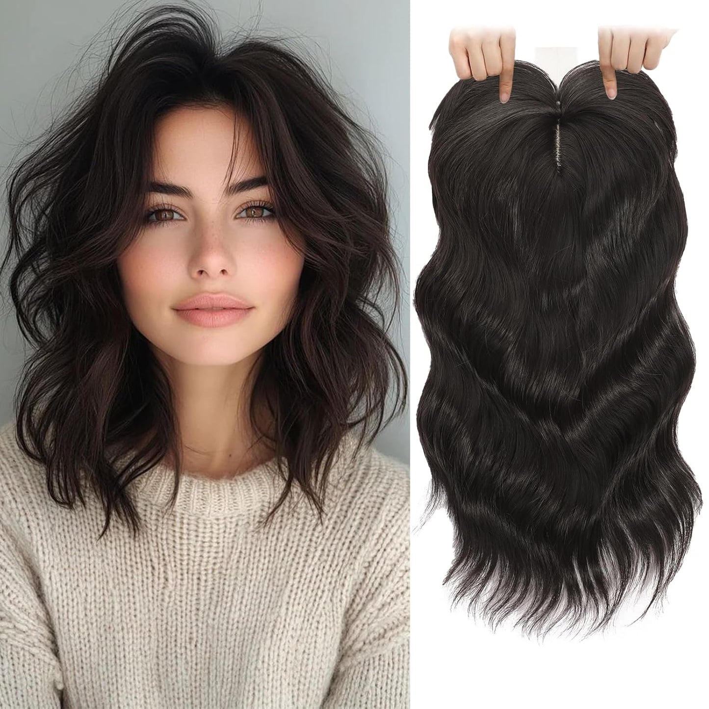 Hair Toppers for Women - 14 Inch 360° 3D Synthetic Curly Wavy Clip-In Bangs | Brown Black
