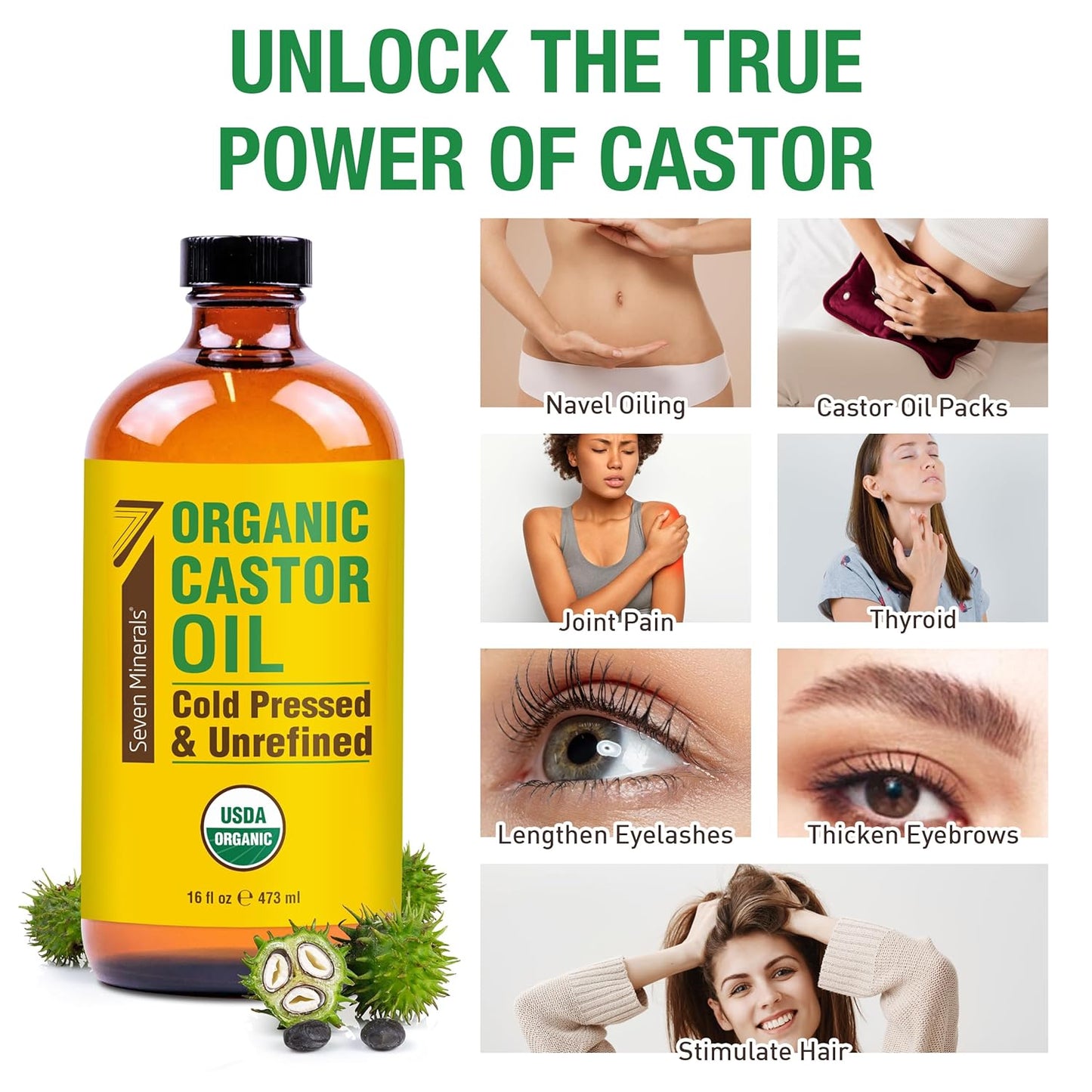 Castor Oil - Organic Cold Pressed Unrefined 16 fl oz Glass Bottle | 100% Pure USDA Certified