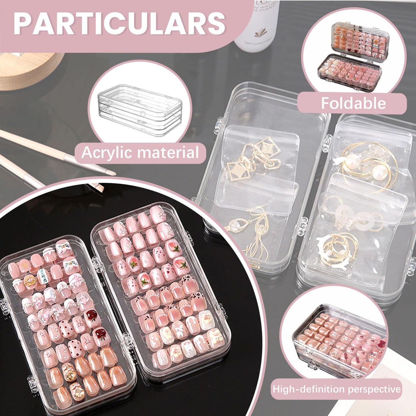 Oskrieel Tri-Fold Press On Nail Organizer Case - 4-Page Portable Storage Box for Fake Nails, Clear PET Plastic Travel Holder (6×3.2×1.8 inch)