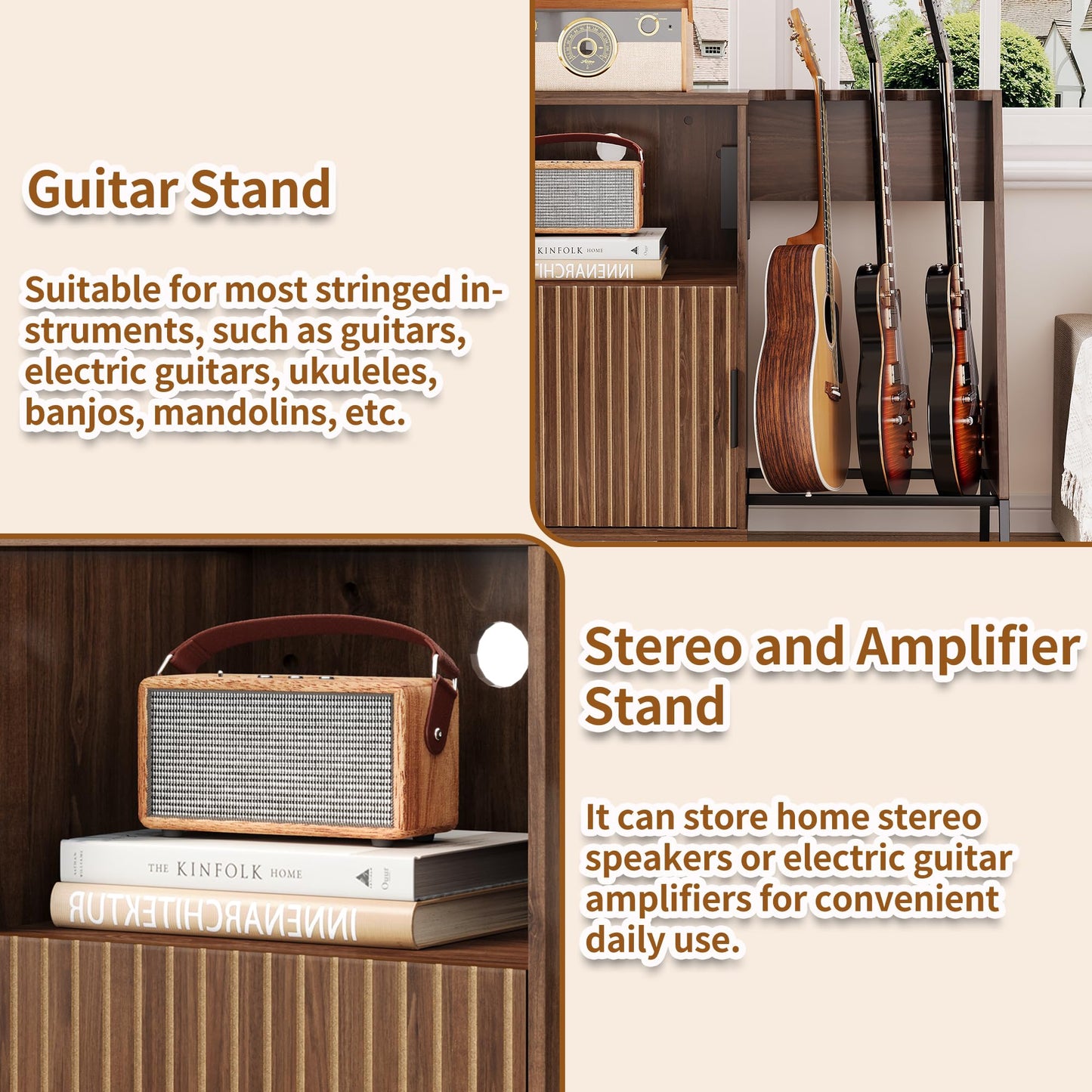 WLLPNG Guitar Stand with Vinyl Record Storage, Record Player Stand with Multiple Guitars Holder, Built-in Power Outlet, Guitar Amp Stand for Acoustic, Electric Guitar, Bass, Speaker, Amp