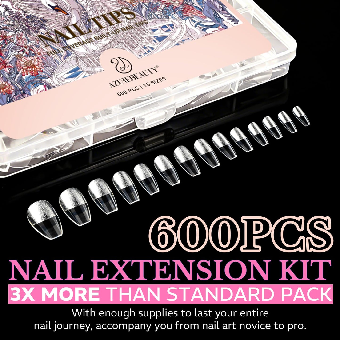 AZUREBEAUTY Extra Short Coffin Nail Tips, 600pcs Pre Etched Soft Gel Nail Tips 15Sizes Acrylic Fake Nails Half Matte Full Cover Clear Press On False Nail Extensions for DIY Manicure at Home Nail Art