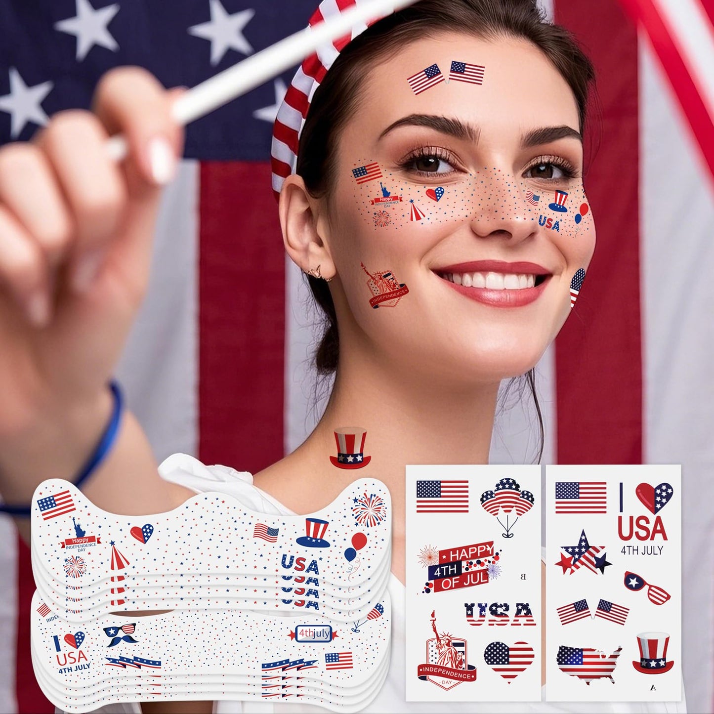 Paminify 4th of July Freckles Tattoos,Fourth of July Glitter Freckle Face Accessories, Patriotic USA Red White Blue Temporary Star Stickers,Independence Flag Makeup,8 PCS+13 PCS