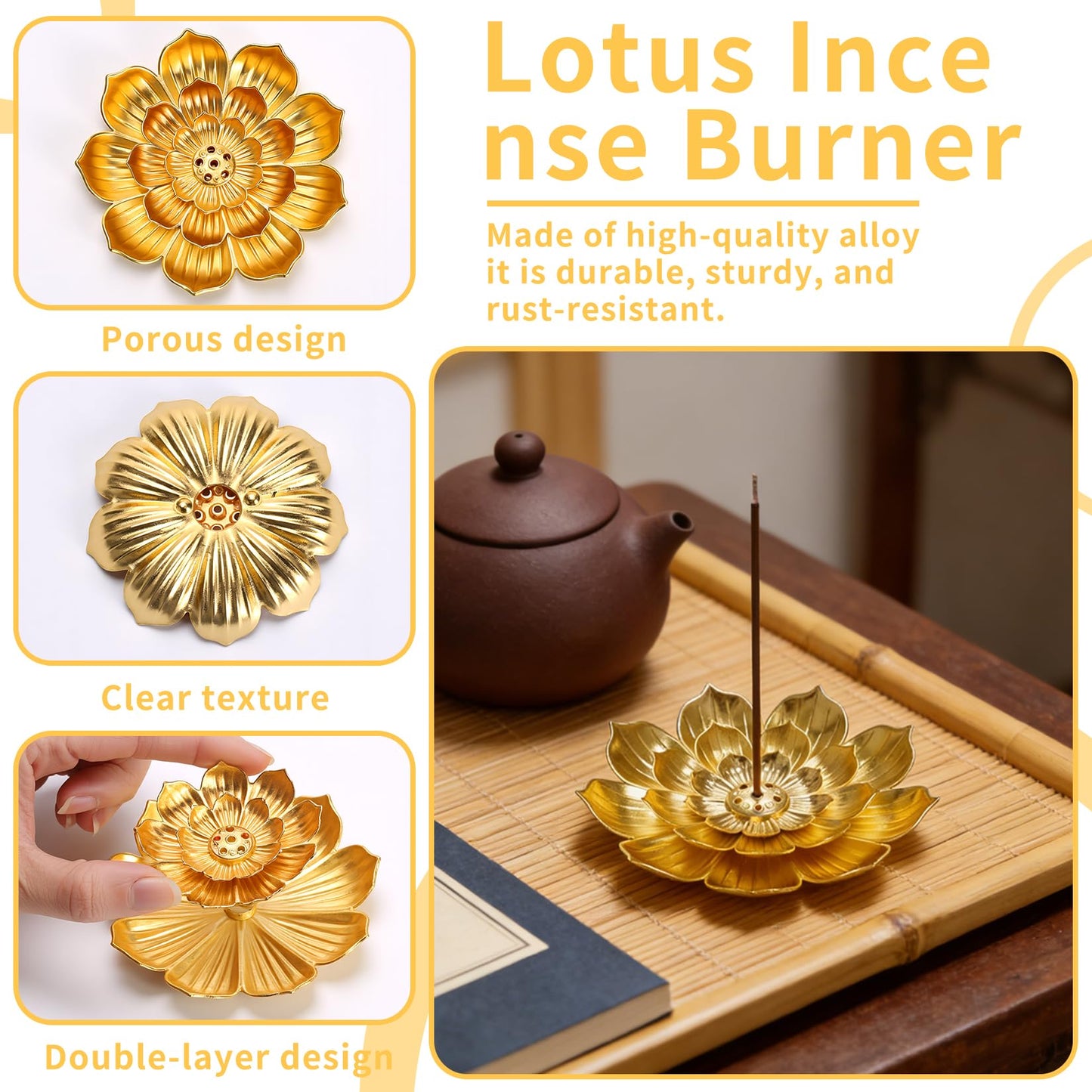 2 Pcs Incense Holder for Sticks, Lotus Incense Burner Holder with Ash CatcherIncense Stick Holders for Meditation Decor Home Yoga Decor Spiritual Decorations(Gold)