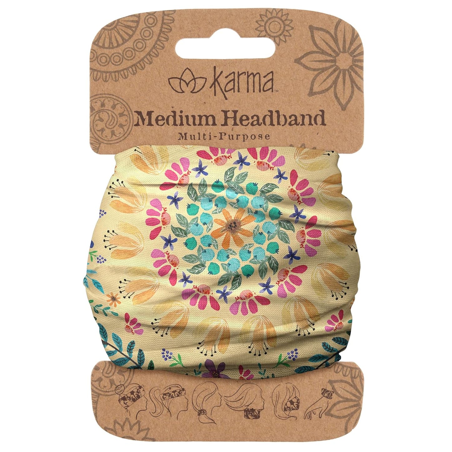 Floral Headband for Women | Stretchy Fabric Hair Scarf - Light Tan & Blue - Medium Size