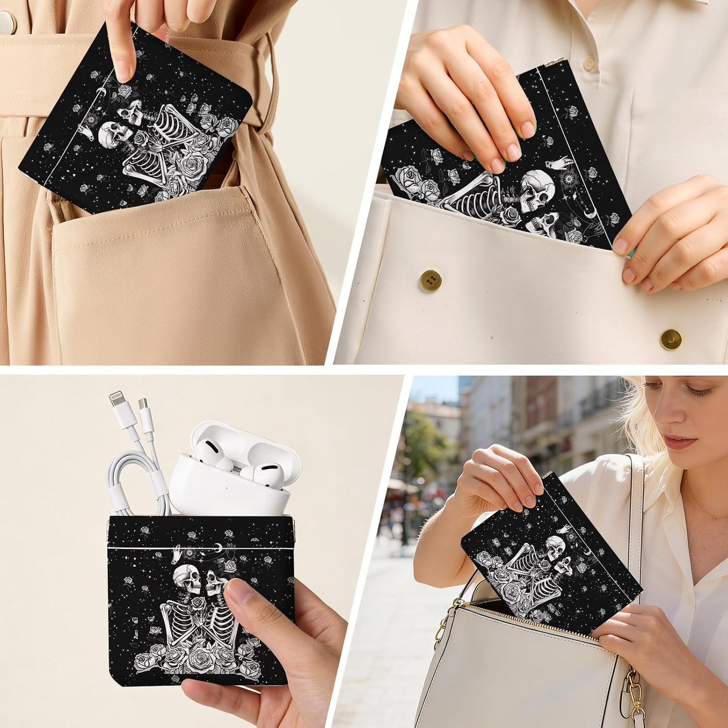 Makeup Bag Set - 2 PCS PU Leather Cosmetic Organizer | Portable Self-Closing Travel Pouch for Women - Skull Design