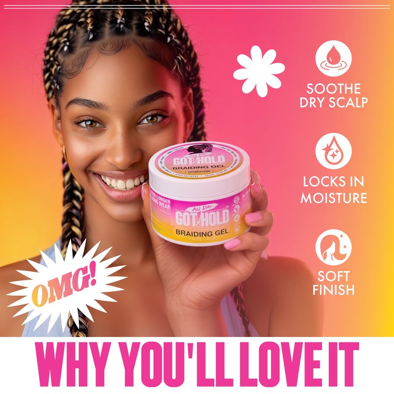 ALL DAY GOT HOLD Braiding Gel for Braids, Twists & Protective Styles (Hydration) – Strong Hold with Aloe & Rose Water – Non-Flaking Styling Gel for Natural Hair – 10 Fl Oz