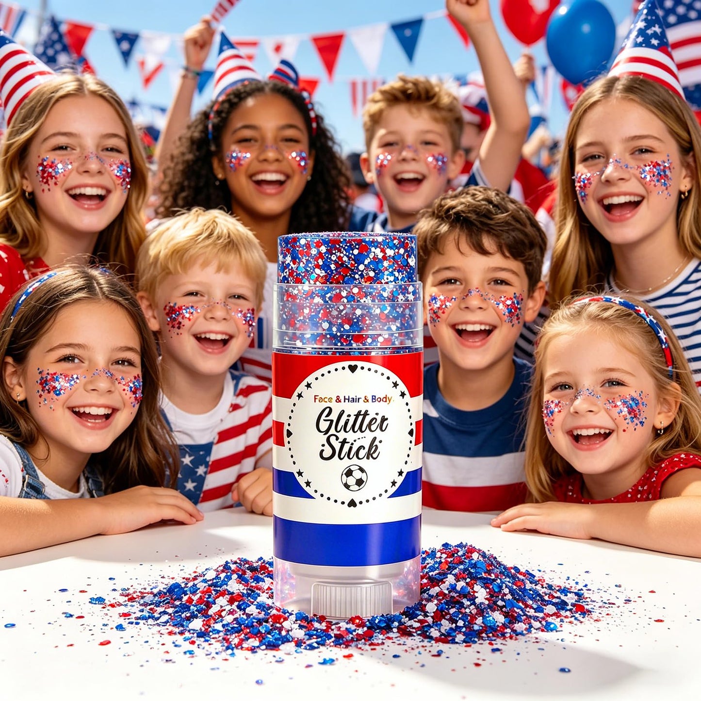 Patriotic 4th of July Glitter Stick,Sparkle Red White and Blue Face Hair Body Glitter,4th of July Outfits & Accessories for Women Kids,Waterproof Glitter Makeup for 250th Independence Day Anniversary