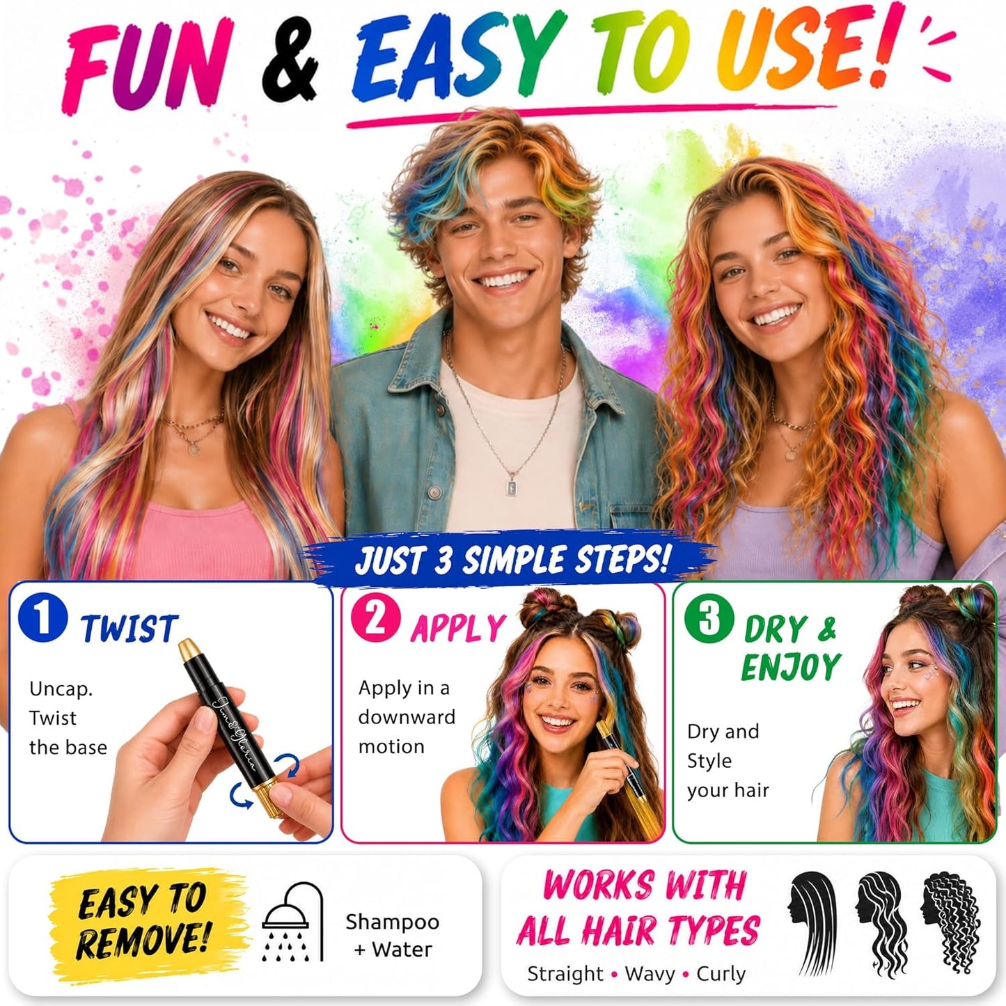 Hair Chalk Set - 16 Washable Colors with 6 Metallic Shades | Fun Temporary Hair Color for Teens & Tweens