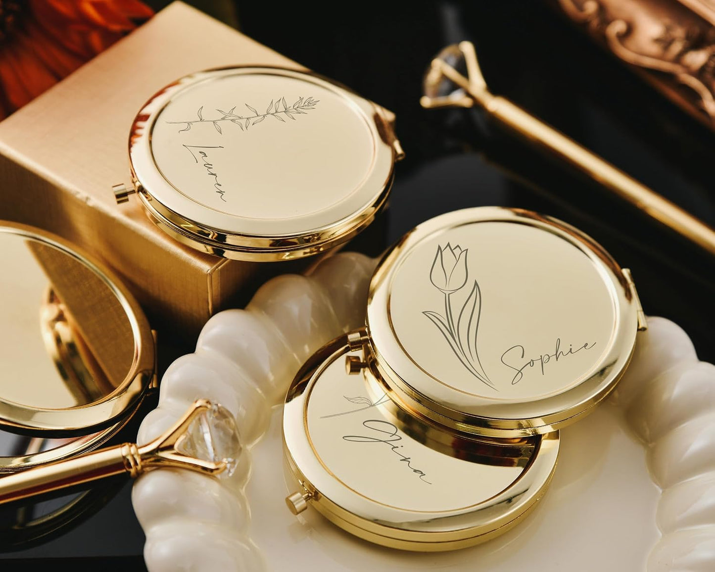 Custom Engraved Floral Compact Mirror - Personalized Bridesmaid Gift | Monogrammed Pocket Mirror for Weddings