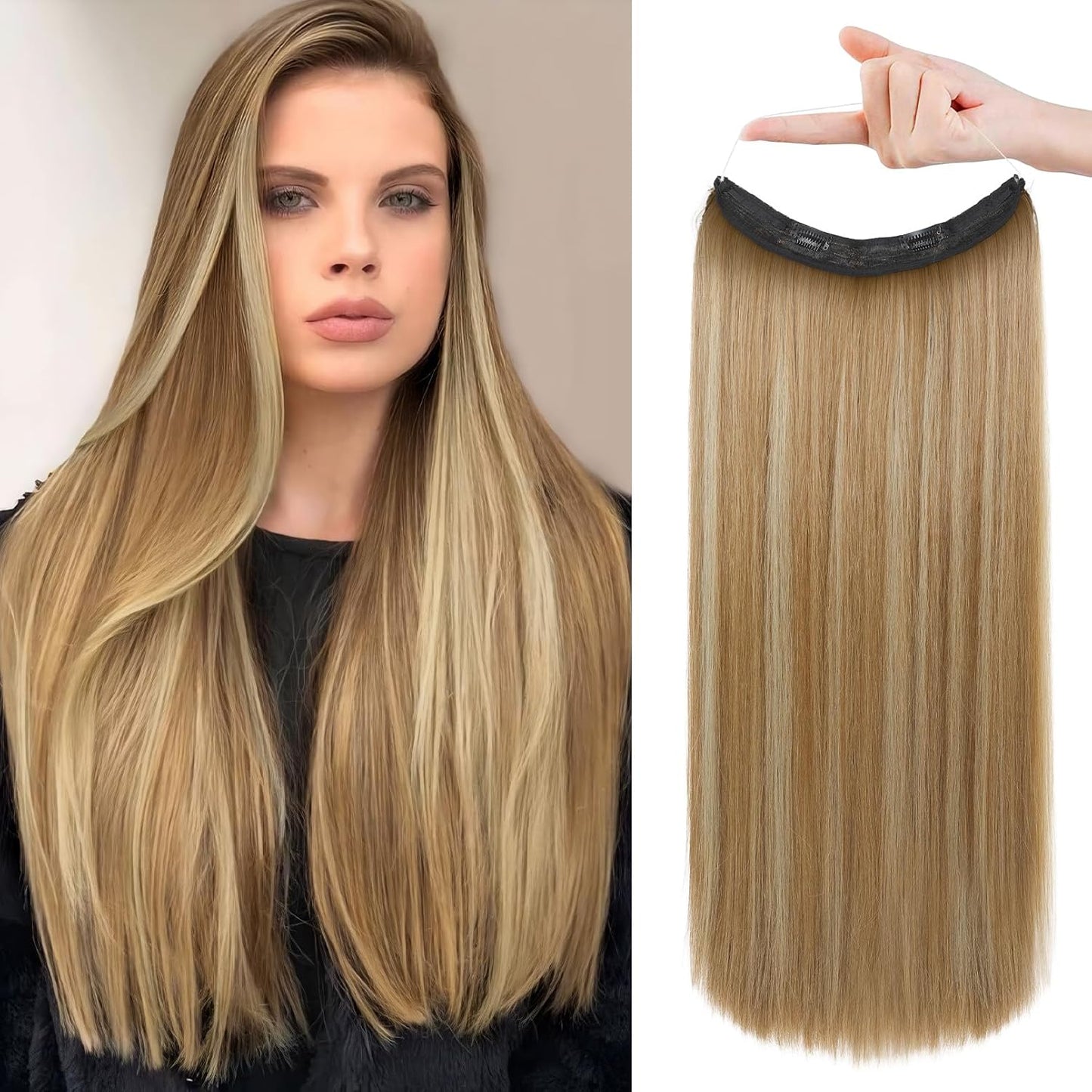 Invisible Wire Hair Extensions - Adjustable Transparent Headband | 24 Inch Dark Blonde Secret Hairpiece for Women