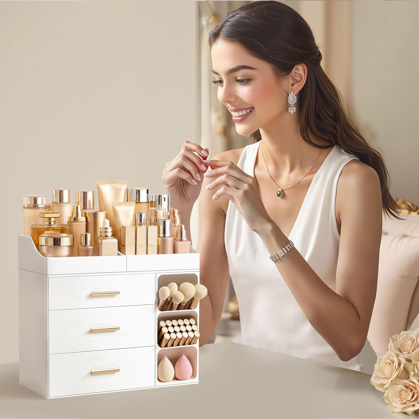 Makeup Organizer - Large Bathroom Countertop Storage with Brush Holder & Drawers | All White Dresser Organizer for Skincare & Vanity