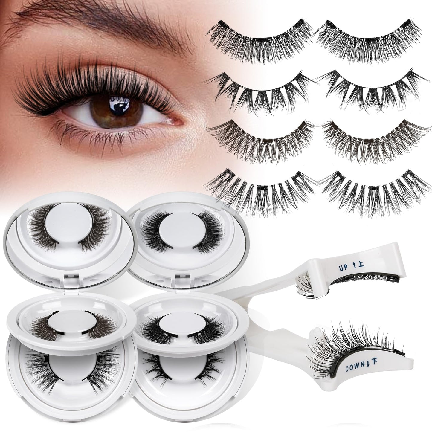 QUEWEL Magnetic Eyelashes 4 Pair Reusable Magnetic Eyelashes with Applicator No Glue Needed Eyelashes Natural Look Lash Clusters Kit Easy to Wear and Remove(4 Pairs-A14)