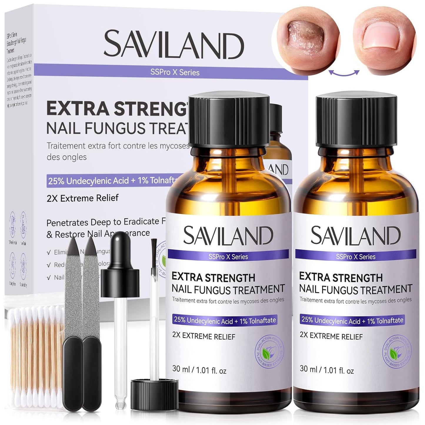SAVILAND Toenail Fungus Treatment - Extra Strength 25% Undecylenic Acid & 1% Tolnaftate | 2 fl oz for Discolored, Thick Nails