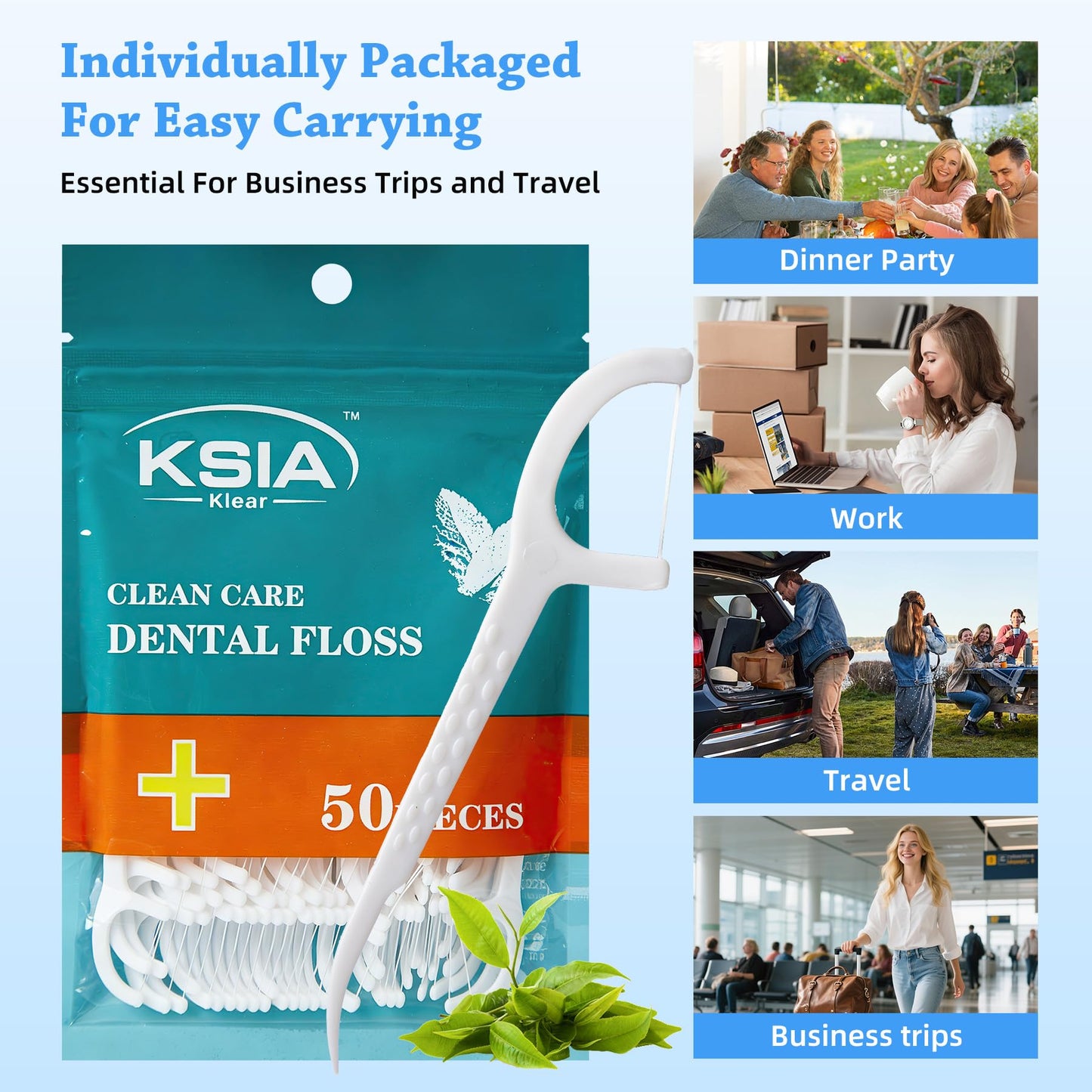 KSIA Klear Dental Floss Picks, 100 Count Tooth Picks Flossers, Dental Floss Cleaner, Dental Flossers for Family, Keep Teeth Clean, Remove Food and Plaque, with 2 Portable Sealed Pouches