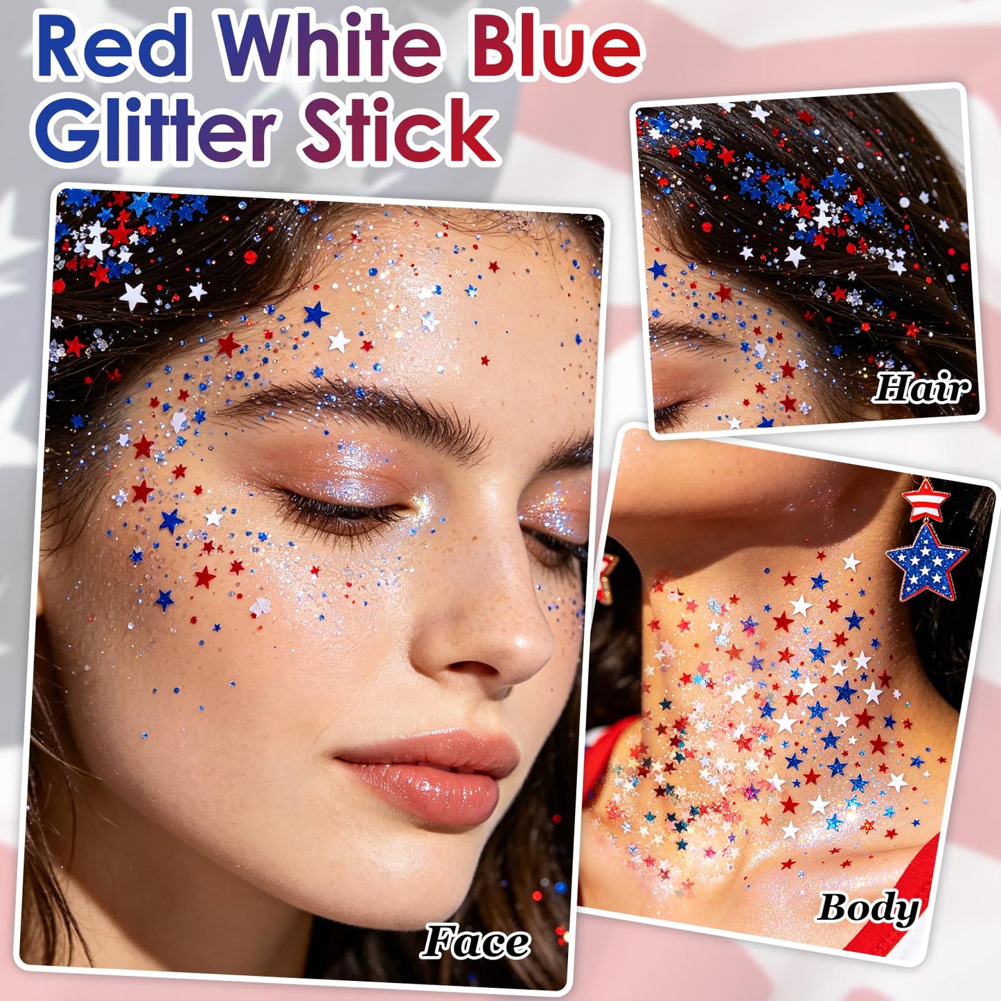 DAGEDA Star Red White Blue Body Glitter Stick,4th of July Face Glitter