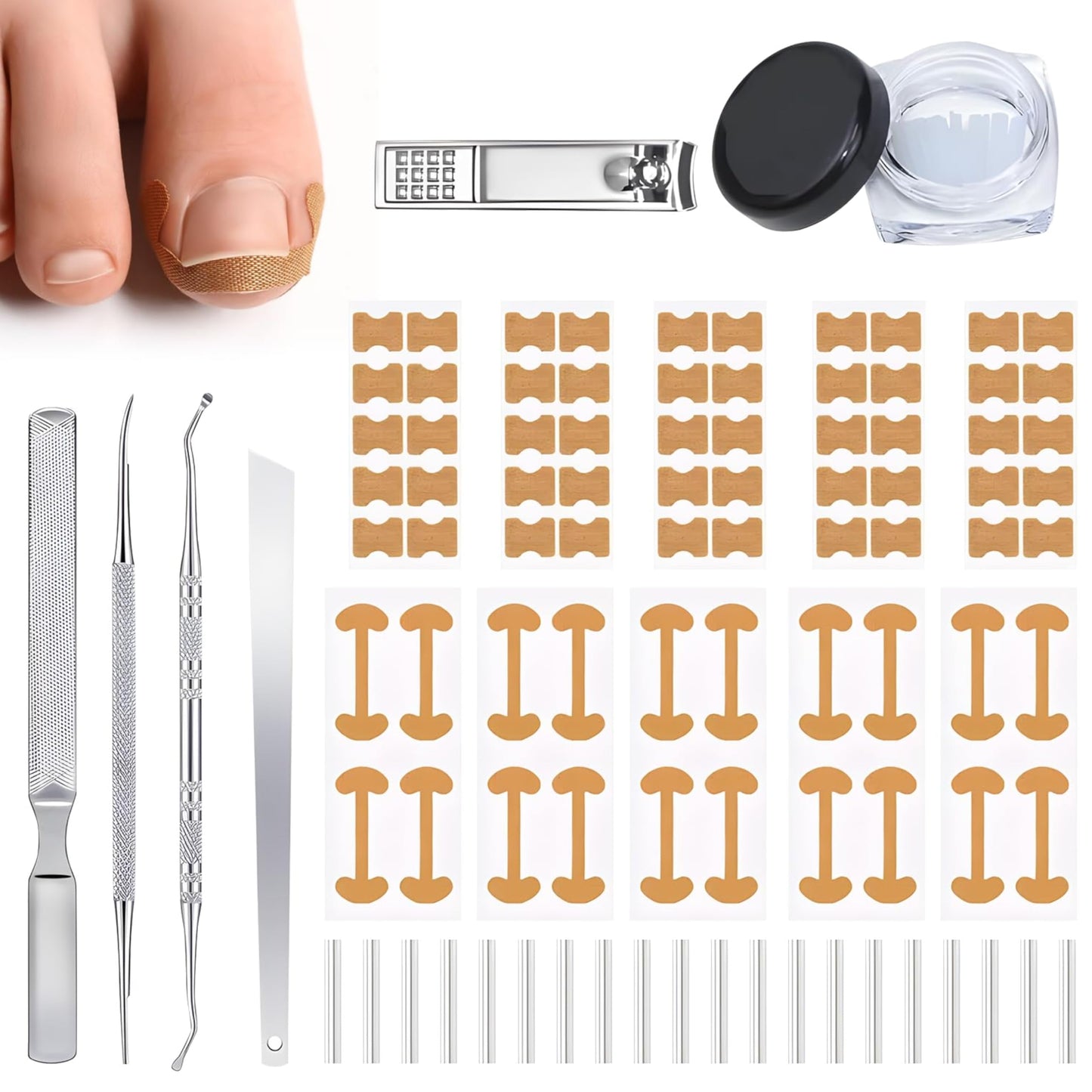 Ingrown Toenail Corrector Set, Ingrown Toenail Treatment Kit Including Correction Strips, Pedicure Tools & Breathable Patches - Professional Home Pedicure Care for Curved Toenails