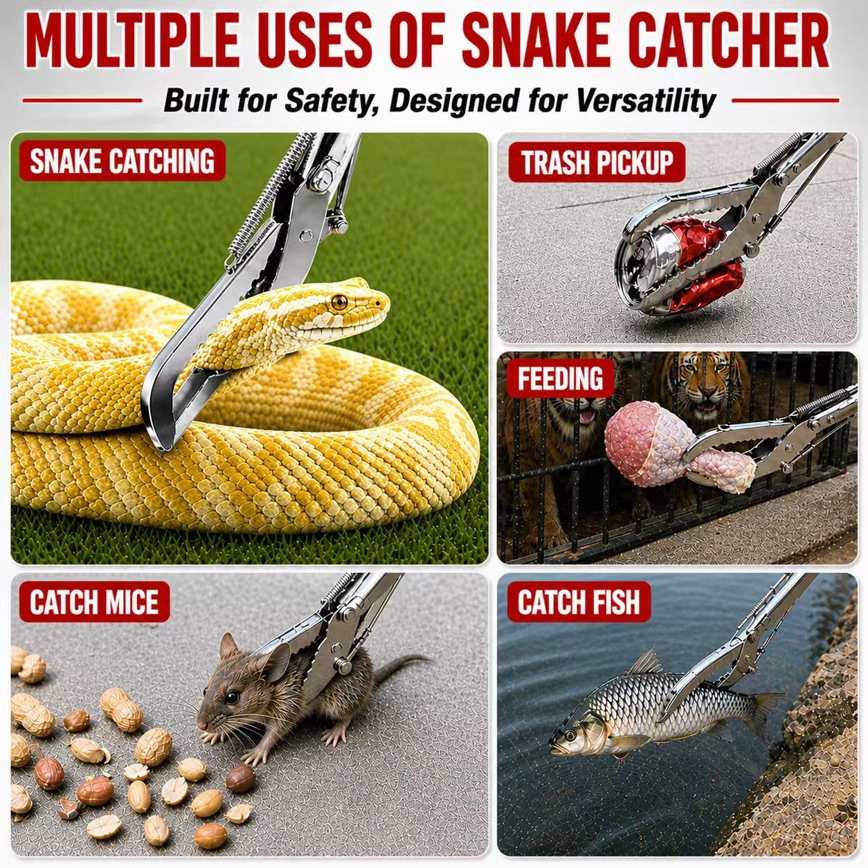 Uppernut 60" Snake Grabber, Collapsible Snake Tongs All-Stainless Steel, Humane Rattle Snake Reptile Catcher Pincher, Smooth Wide Jaw Hangling Tool with Lock
