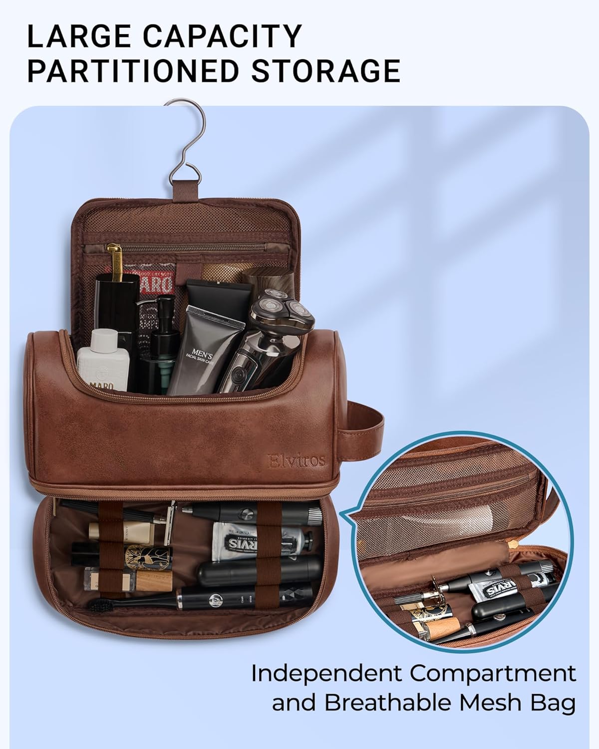 Elviros Toiletry Bag - Men's PU Leather Travel Organizer Kit | Large Water-Resistant Bathroom Shaving Bag (Dark Brown)