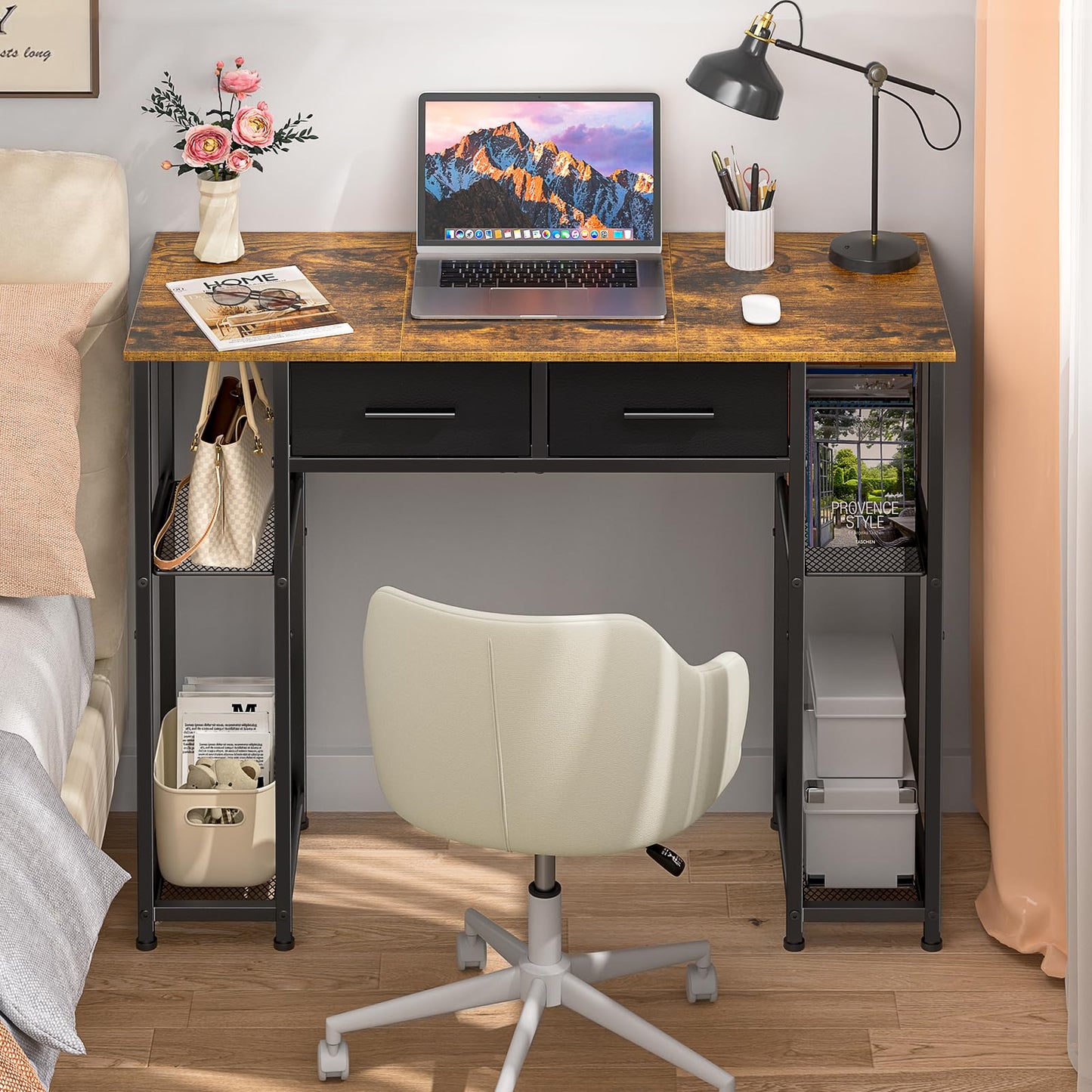 DAOUTIME Computer Desk with Drawers, 37.3 Inch Home Office Work Desk with Storage Shelf, Kids Teens Study Table for Small Space, Small Writing PC Table for Bedroom Makeup Vanity Desk, Brown