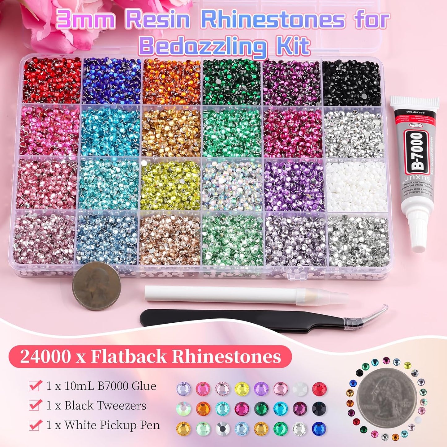 3mm Resin Rhinestones - 24000 Pcs Flatback Gems for Crafting | Pink, Red, Black Colors & Bedazzler Kit with Tools & B7000 Glue
