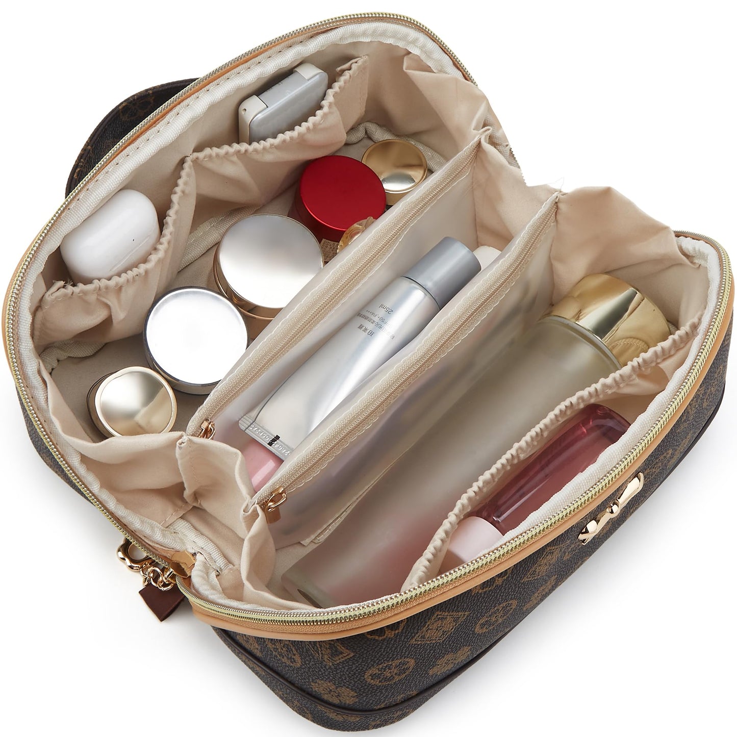 YTL Travel Makeup Bag, Large Capacity Cosmetic Bag for Women, Waterproof PU Leather, Flat Open Portable Toiletry Bag for Skincare, Brushes & Travel Essentials