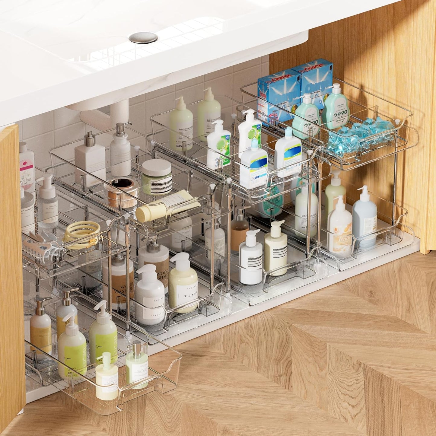 4 Pack Bathroom Organizer - 2 Tier Clear Under Sink Storage Bins | Vanity Countertop & Cabinet Drawers