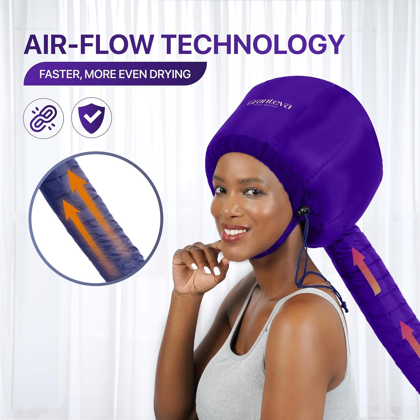 Hair Dryer Bonnet Attachment - Integrated Headband Reduces Heat Around Ears & Neck | Large Purple Diffuser Cap for Curly Hair