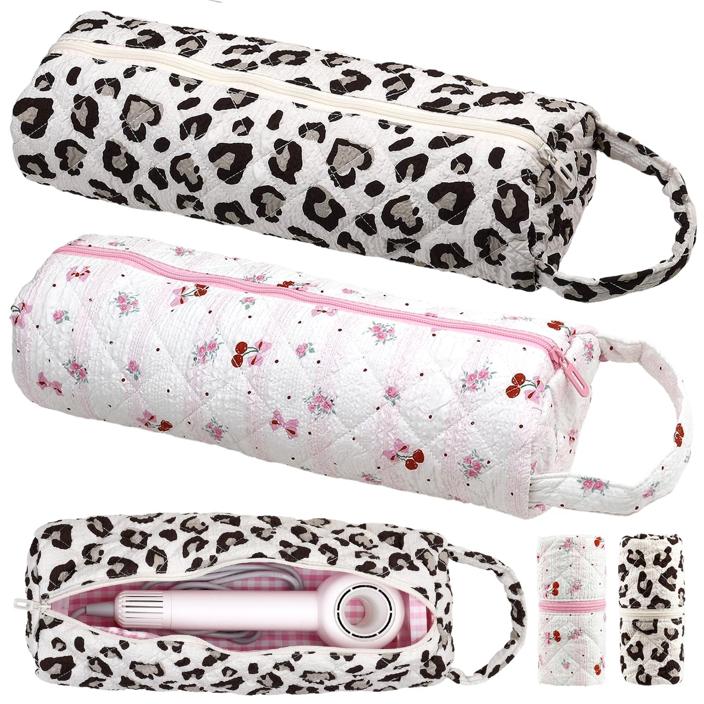 Hair Tools Travel Bag, 2Pcs Quilted Protable Hair Dryer Bag Hair Styling Accessories Organizer Bag for Curling Irons, Flat Irons and Styling Tools (Leopard Print+Cherry)