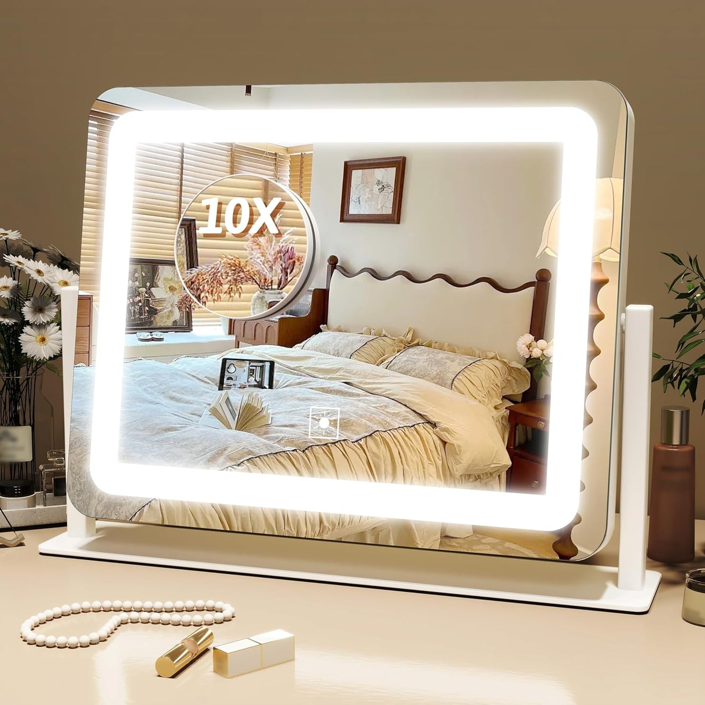 Lighted Makeup Mirror with Smart Touch Control - 12" x 16" LED Vanity Mirror, 3 Color Modes, 10X Magnification, 360° Rotation