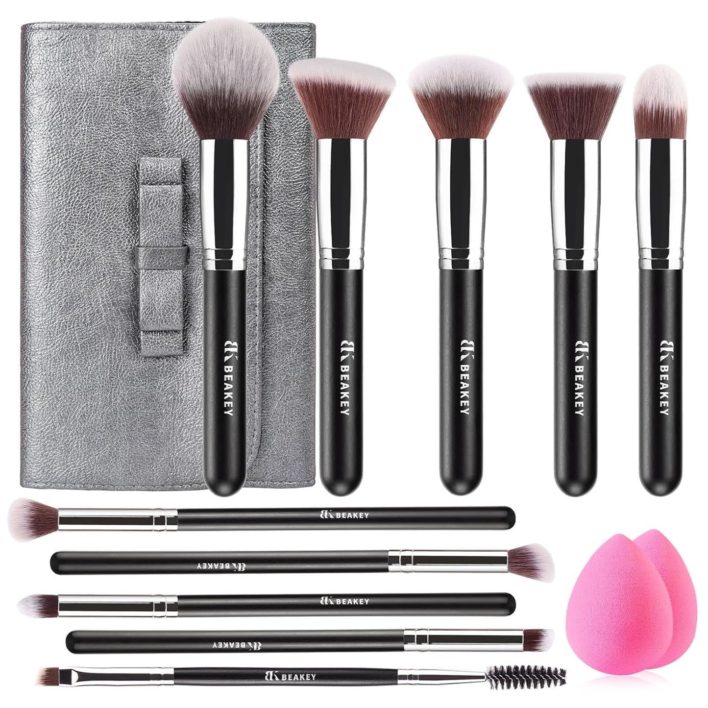 BEAKEY Makeup Brushes Set - Professional Foundation, Eyeshadow & Blush Applicators with 2 Blender Sponges | Beauty Paper Case