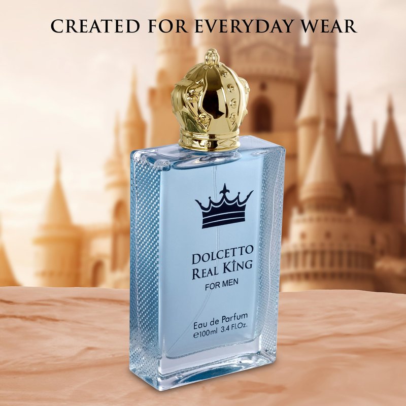 Dolcetto Real King Eau De Parfum for Men woody & Aromatic Fragrance - Citrus Notes & Pimento Essence with Masculine Base - Blend of Spicy Pepper, French Lavender & Haitian Vetiver - 100ml Bottle