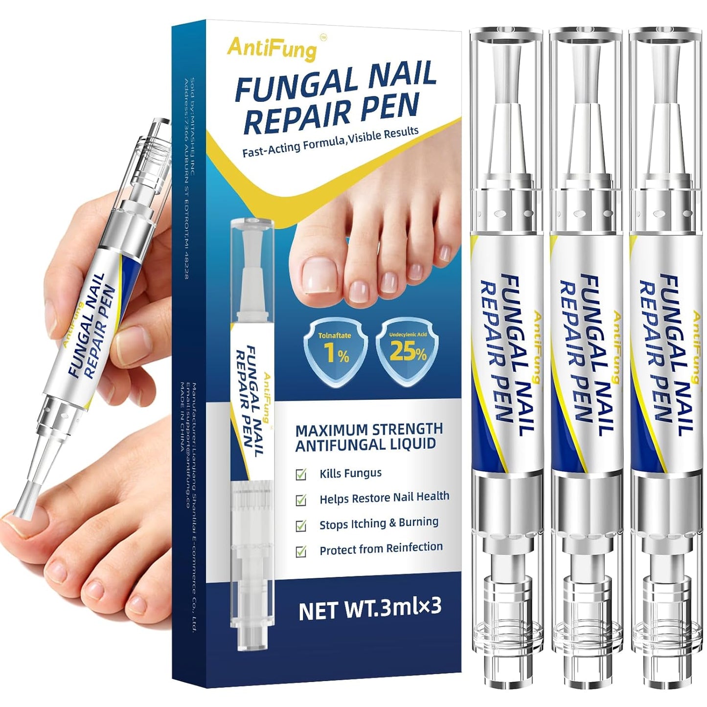 Toenail Fungus Treatment - Extra Strength Anti-Fungal Pen | 25% Undecylenic Acid for Damaged & Discolored Nails - 3-Pack