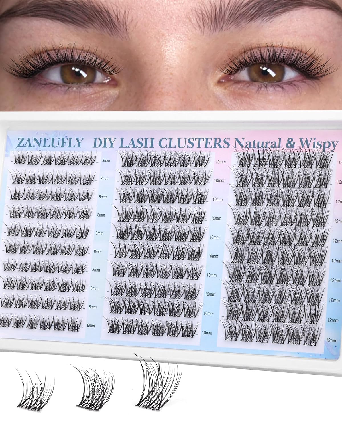 Natural CC-Curly Cluster Lashes - Wispy Eyelash Extensions with Clear Band | 10-14MM Individual DIY Lashes
