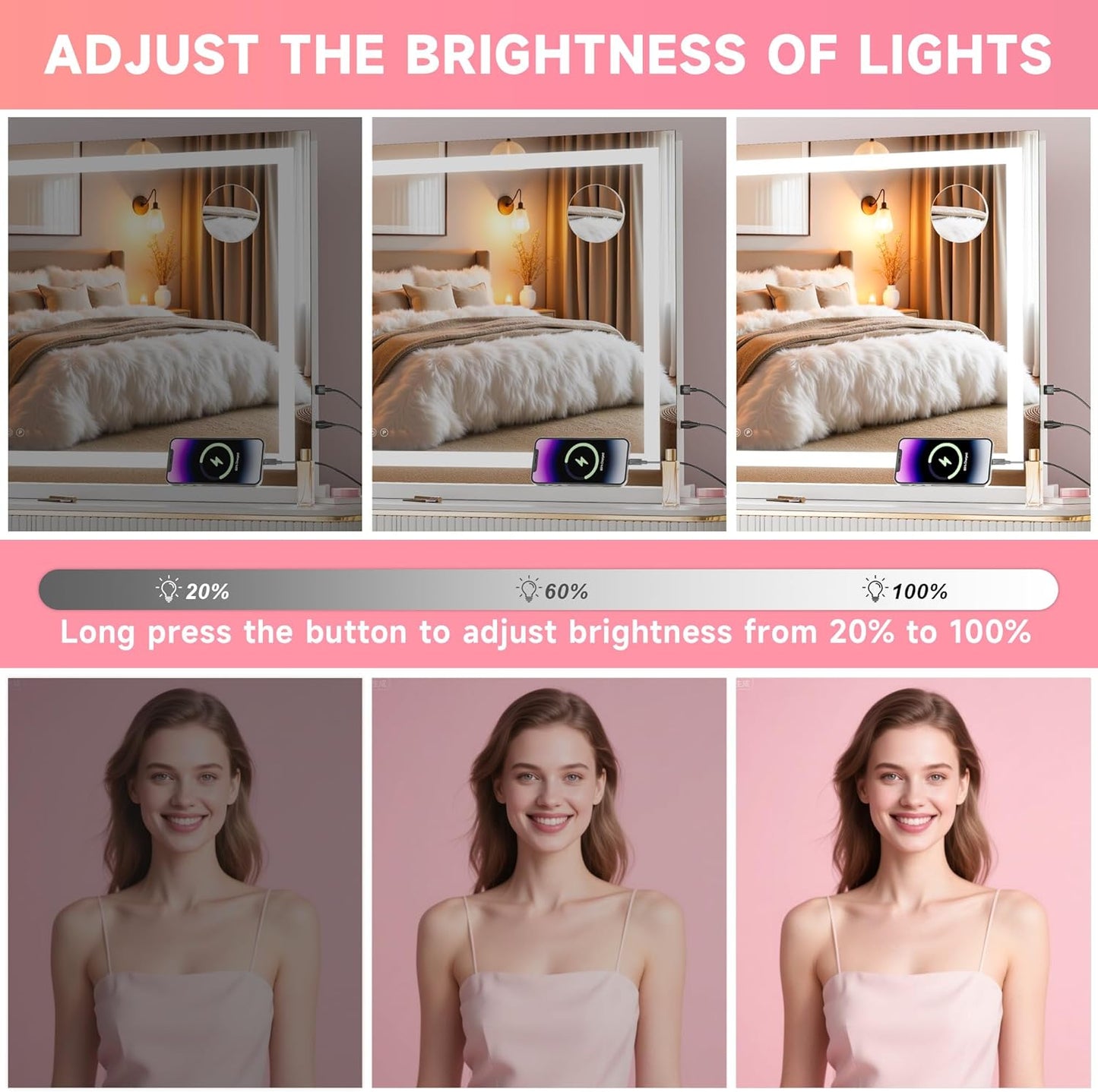 LED Makeup Mirror with Lights - 28" x 20" Dimmable Vanity Mirror | 10X Magnification, Smart Touch, USB Charging