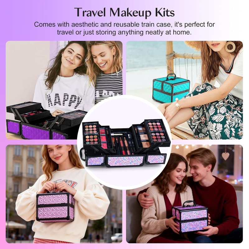 All In One Makeup Kit - Travel Set with 4 Trays | Eyeshadow, Highlighter, Lip Gloss & More for Teens