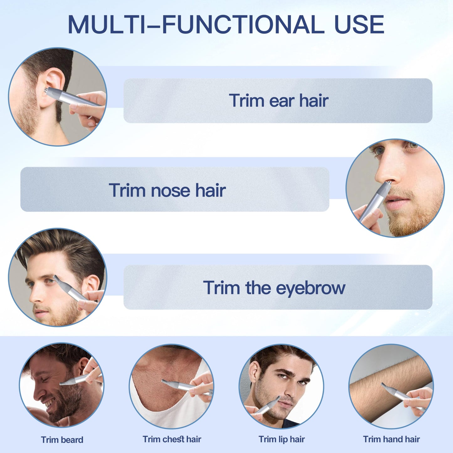HEBECA Nose Hair Trimmer for Men & Women - 2in1 Rechargeable Ear and Nasal Hair Trimmer, Waterproof Nose Clipper, Electric Eyebrow Trimmer & Facial Hair Remover Grooming Set (Silver Grey)