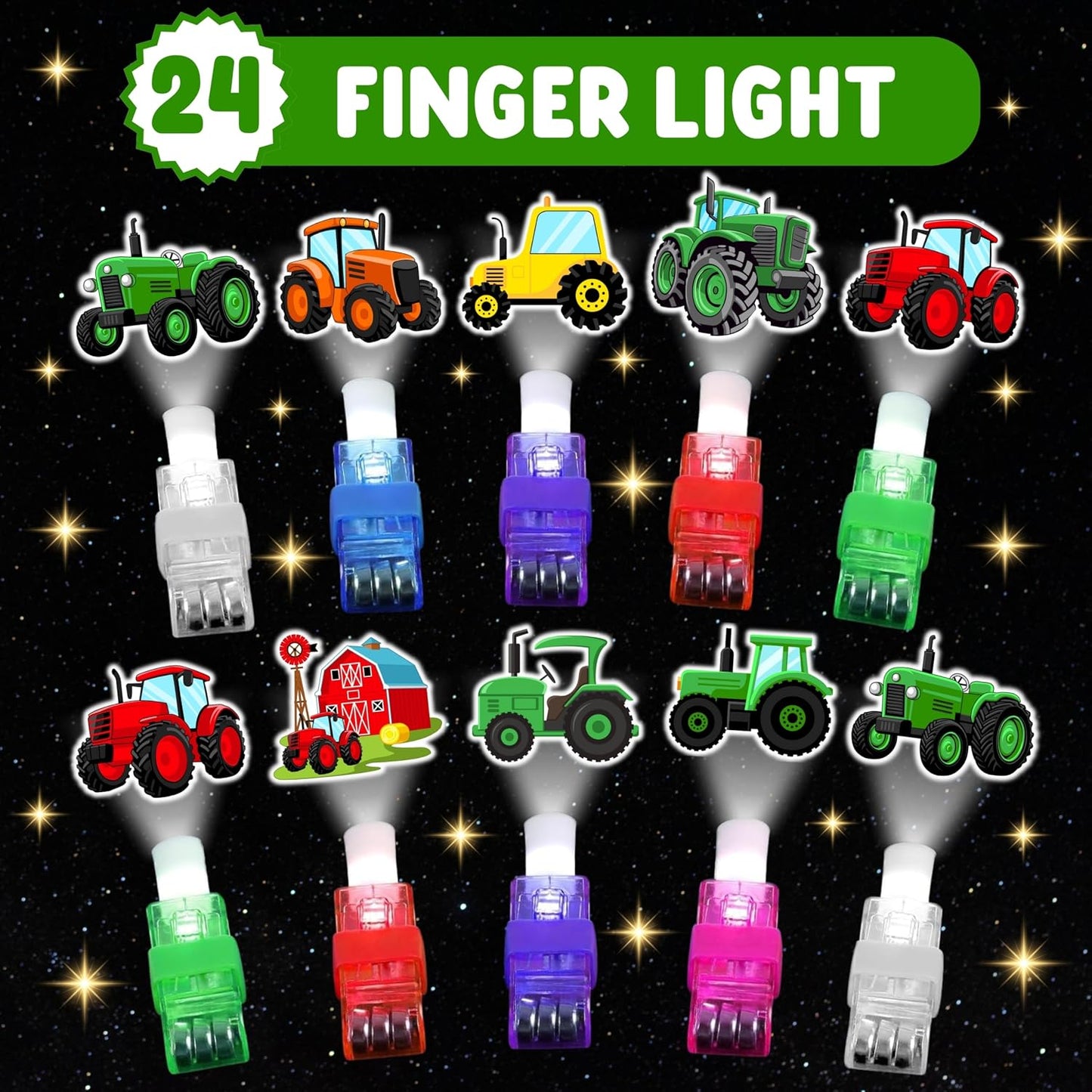 Tractor Party Favors - 72 PCS Luminous Tattoos & LED Finger Lights | Glow in the Dark Birthday Goodie Bag Fillers for Kids