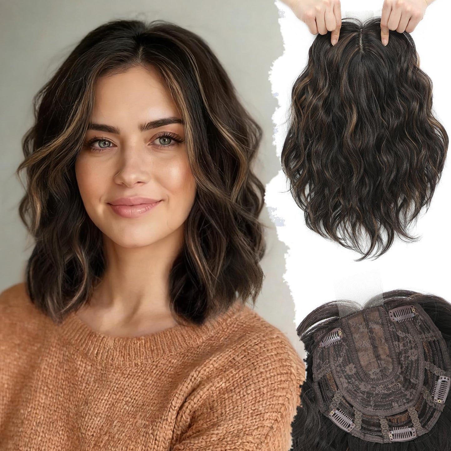 Short Wavy Hair Topper for Women - 11 Inch Natural Synthetic Hairpiece, Lightweight & Breathable | Dark Brown, 6.5"x6.5" Base