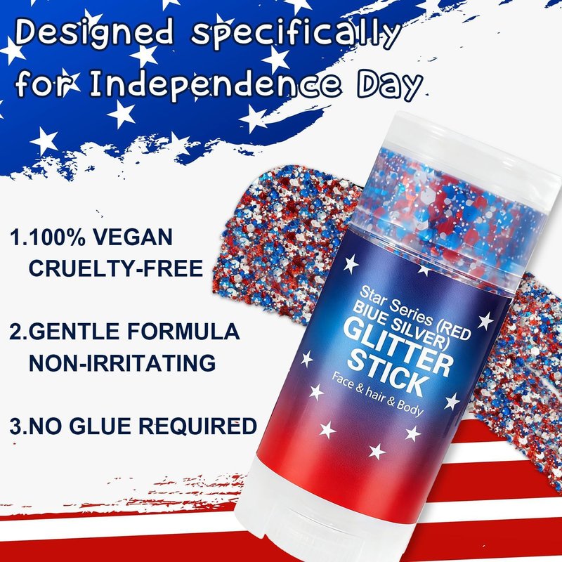 Patriotic Glitter Stick - 4th of July Hair & Face Makeup for Women & Kids | Red, White & Blue USA Flag Accessories